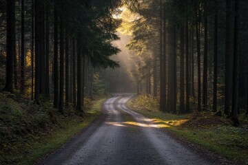 Obraz premium Sunlight filtering through pine trees onto a quiet forest road, tranquil and scenic