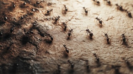 A close-up view of numerous ants on a textured surface, showcasing their activity.