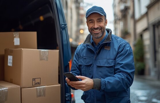 A delivery man in a blue uniform unloads boxes from a van, smiling and holding a smartphone