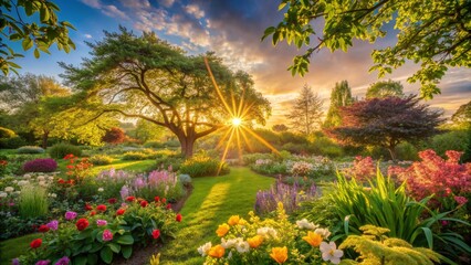 Beautiful Garden with Sunset Rays Illuminating Colorful Flowers