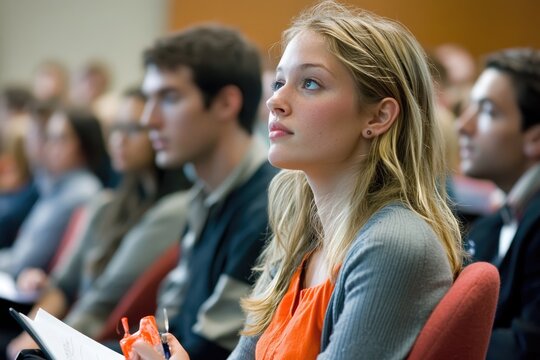 Adults in a professional development seminar, taking notes and engaging with the speaker as they learn new skills for their careers