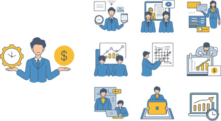 Time management concept people manage schedule with clock, plan tasks in calendar, work to deadline.