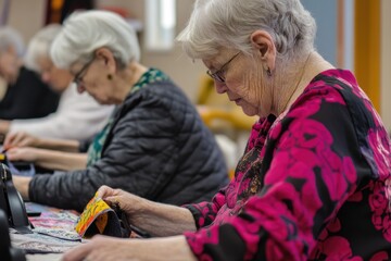 Elderly women in a sewing group, each focused on their projects, learning new techniques from one another in a supportive environment