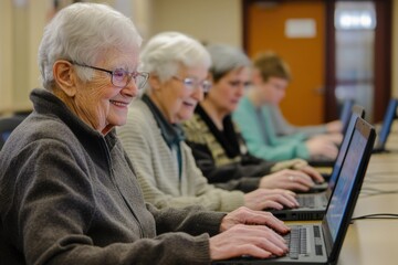 Seniors in a technology workshop, each using laptops to learn about online safety and protecting personal information