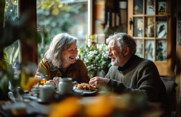 Cheerful older couple enjoying breakfast at home, laughing and holding hands at the dining table