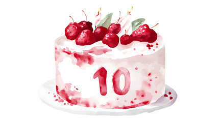 Watercolor Celebration cake with red berries and number 10 isolated on white background