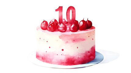 Watercolor Celebration cake with red berries and number 10 isolated on white background