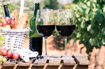 Glass of red wine ripe grapes and picnic basket in vineyard