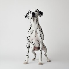 A Dalmatian dog sits on a white background, looking up with an inquisitive expression.