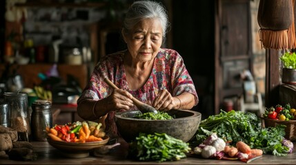 An old Thai kitchen with clay pots steaming jasmine rice, surrounded by rustic wooden utensils and...