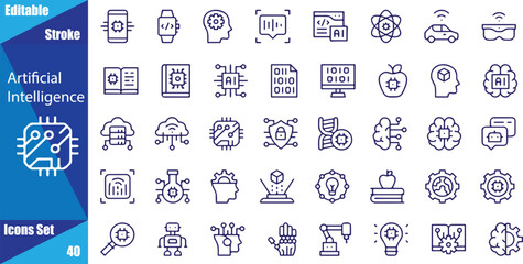 Artificial intelligence set of web icons in line style. AI technology icons for web and mobile app.