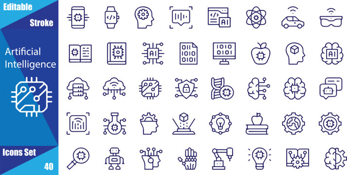 Artificial intelligence set of web icons in line style. AI technology icons for web and mobile app.