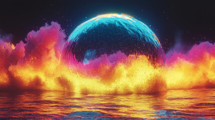 Obraz premium Abstract 3D art featuring a glowing orb above a liquid surface.