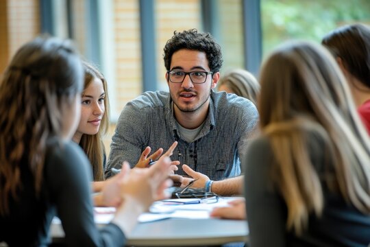 A professor explains a concept to a group of attentive students, seated closely around a table, highlighting the effectiveness of collaborative learning and small group instruction