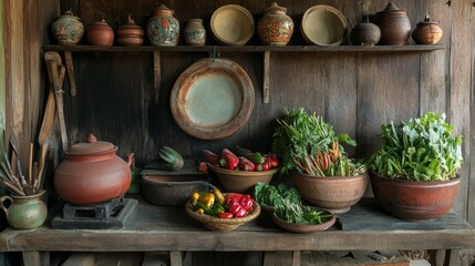 A rustic Thai kitchen scene with clay pots, old-style charcoal stoves, and a variety of local vegetables and spices used for ancient recipes.