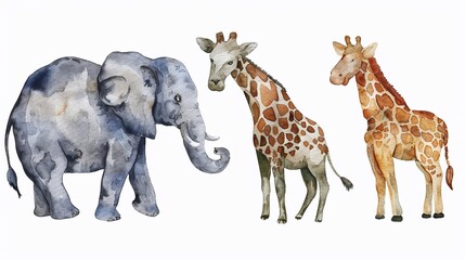 A vibrant watercolor artwork showcases an elephant alongside two giraffes, highlighting the beauty of African wildlife against a clean white backdrop, emphasizing their playful demeanor