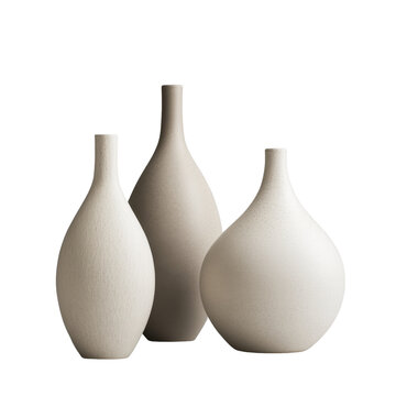 Set of three minimalist ceramic vases in varying heights on a neutral background