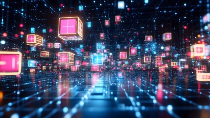 Obraz premium Abstract Digital Network with Glowing Cubes