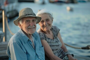 Obraz premium Elderly couple sharing a quiet moment on a dock, their smiles reflecting the joy of spending their retirement together