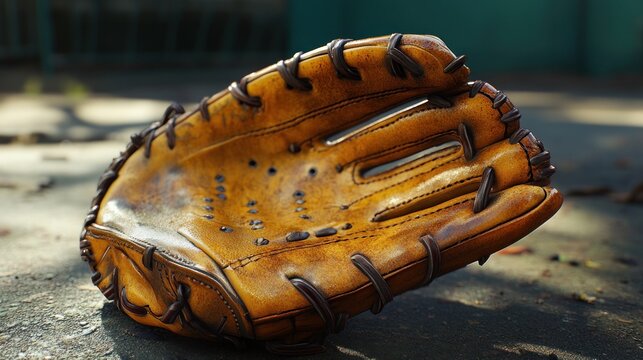 A worn baseball glove resting on a surface, ready for play.