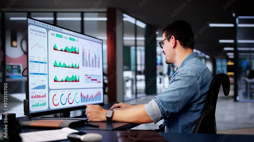 Aufkleber Excited Business Analyst Using Data Dashboard On Computer