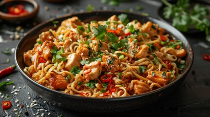 Top view photo of chicken noodles served in a bowl. Indonesian special food. selective focus