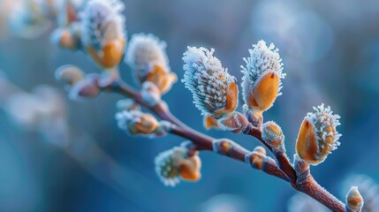 Fototapeta premium Frost covered willow buds on a branch, showcasing winter beauty and nature s resilience in soft blue tones against a blurred background