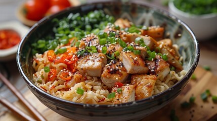 Top view photo of chicken noodles served in a bowl. Indonesian special food. selective focus