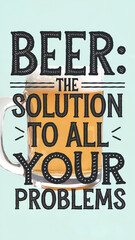 Obraz premium Beer glass with humorous quote on solving life's problems. Design for pubs, Oktoberfest.