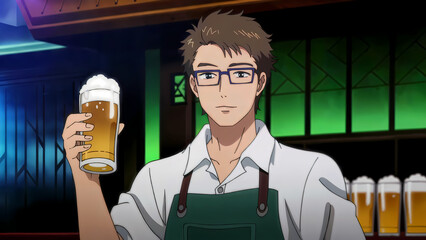 Man holding beer in pub. Anime style. Social gathering concept. Bar or brewery scene. Ideal for design, poster, flyer, or card. Portrait with copy space.