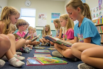 Students reading aloud in class, practicing their reading skills while their teacher offers support and encouragement in a nurturing learning environment