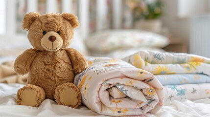 A brown teddy bear sits near a stack of floral patterned baby blankets on a white bed