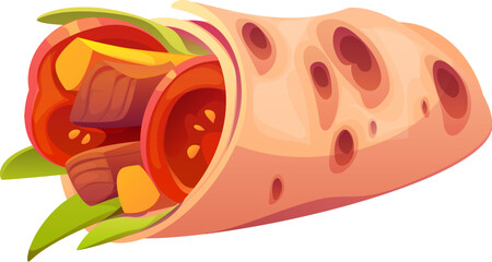 Cartoon burrito, Mexican fast food meal. Isolated vector flavorful tex mex wrap filled with fresh vegetables, tomatoes, lettuce and meat neatly packed in a soft tortilla. Healthy lunch, quick snack
