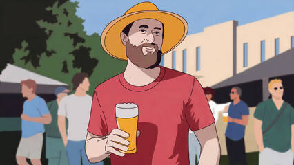 Man enjoying outdoor beer festival. Casual summer style. Social gathering vibes. Ideal for events and celebrations. Perfect for posters and flyers with copy space.