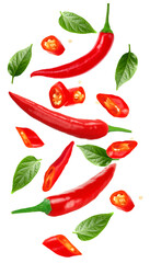 red hot chili peppers with green leaves isolated on white background clipping path