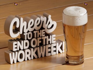 Cheers to the end of the workweek sign with glass of beer. Relaxation concept. Celebration style. Perfect for weekend parties, bars, pubs. Promotional use. Beverage display with copy space.