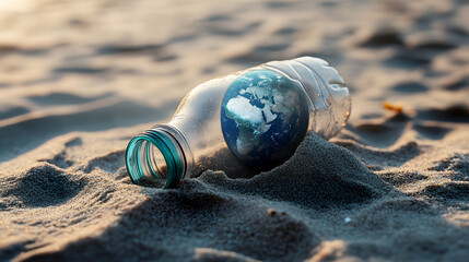 Obraz premium crumpled plastic bottle partially buried in sand, with a fading image of Earth printed on its surface