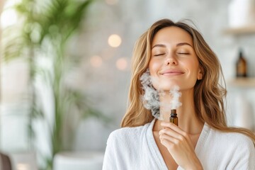 High-resolution brightly lit photorealistic candid photograph of a beautiful presenter woman in a spa, savoring the calming aroma of essential oils with a contented smile. The photograph is styled