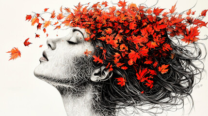 Fototapeta premium Woman embracing autumn with red maple leaves