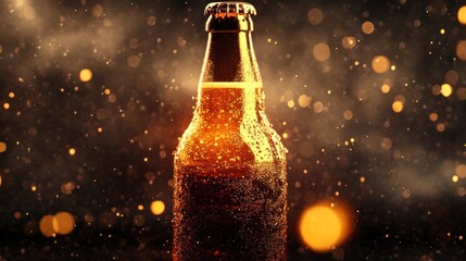 A close-up of a condensation-covered bottle against a blurred, sparkling background.