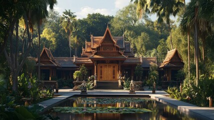 Obraz premium An ancient Thai palace with grand wooden doors, surrounded by lush gardens and lotus ponds, with towering palm trees nearby.