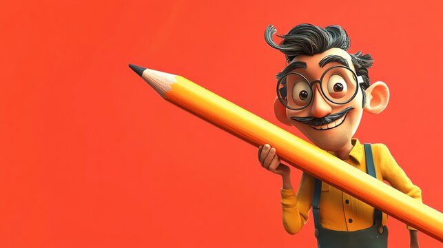 Fototapeta Happy cartoon character holding a giant pencil.