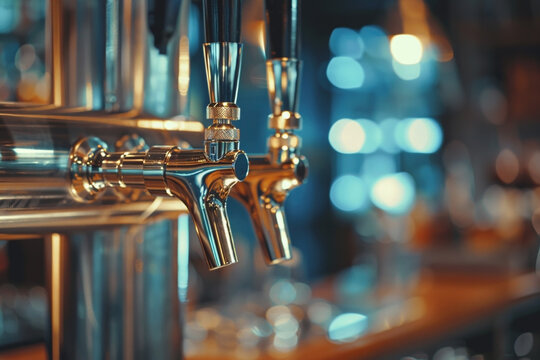 Closeup of shiny beer taps with blurred bokeh lights in the background