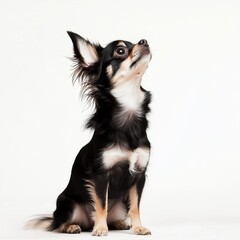 A small black and tan chihuahua sits on a white background and looks up.