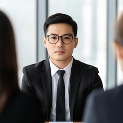 Fototapeta premium Corporate leader calmly mediating between two conflicting parties, negotiation influence, mediation skills