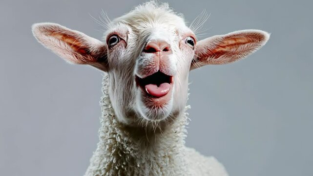 Young white goat with open mouth on gray background
