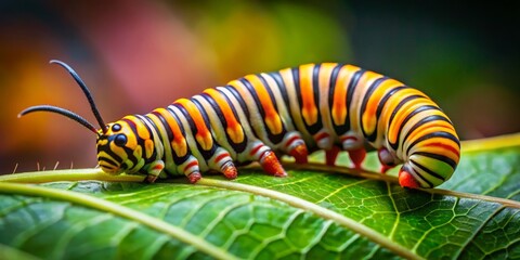 Naklejka premium The caterpillar's colorful stripes danced in the sunlight as it snuggled close to the leaf's comforting warmth.