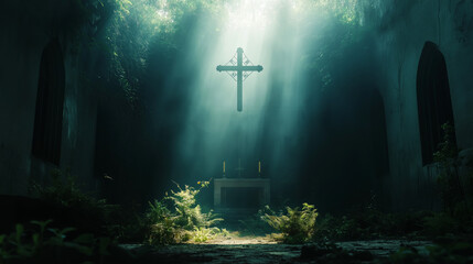 Naklejka premium Religious background. A Churche with cross and light coming from behind. Christianity concept