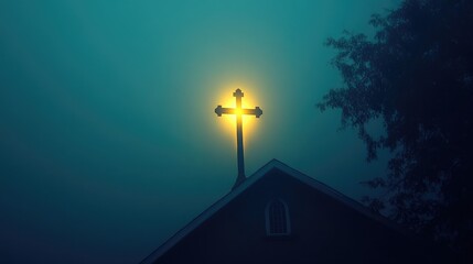 A cross atop a church glowing from behind, casting a soft light over the night, symbolizing a moment of divine miracle.
