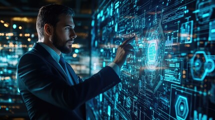 A businessman engages with a futuristic digital screen, surrounded by a virtual background showcasing the intersection of AI, business technology, and innovation.